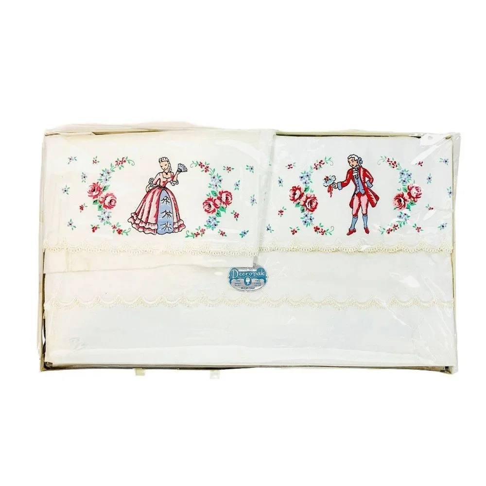 Vintage 1940s Regency Sheet Set Colonial Printed Decropak Pillowcases Deadstock